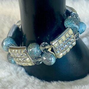 NWT Elegant Blue Silver Beaded Bracelet Handcrafted Jewelry One Size Fits Most